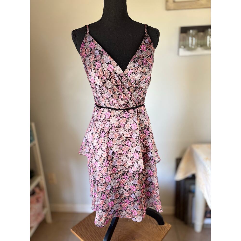 Floral Pink Tiered Midi Dress with Spaghetti Straps
